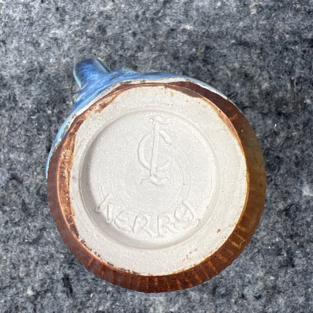 Studio Pottery Belly Coffee Mug Blue Drip Glaze Brown Carved Signed By KERRY IC - Picture 10 of 12